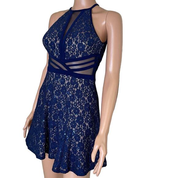Morgan & Co mini dress skater fit flare Navy & Nude sparkle sequined stretch - Picture 1 of 10